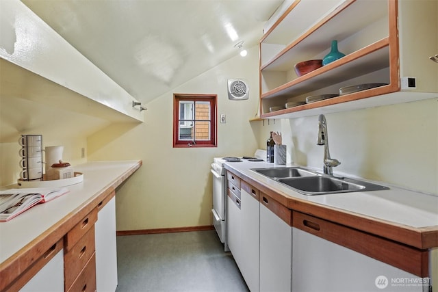 kitchen with a sink, vaulted ceiling, light countertops, and white electric stove