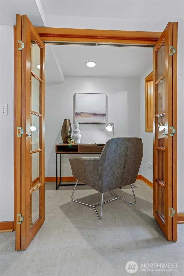 home office featuring recessed lighting and baseboards