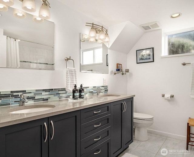 full bathroom with decorative backsplash, toilet, visible vents, and a sink