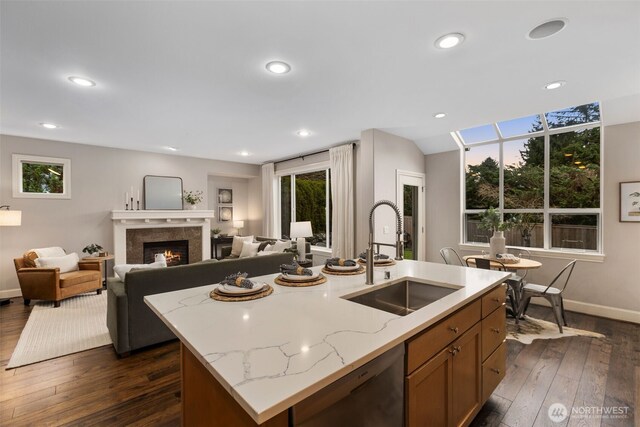 kitchen with a healthy amount of sunlight, stainless steel dishwasher, a lit fireplace, and a sink