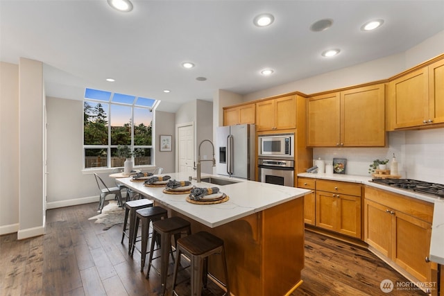 kitchen with a sink, decorative backsplash, dark wood-style flooring, appliances with stainless steel finishes, and a kitchen island with sink