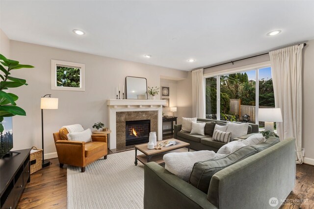 living area with hardwood / wood-style flooring, a healthy amount of sunlight, and a premium fireplace