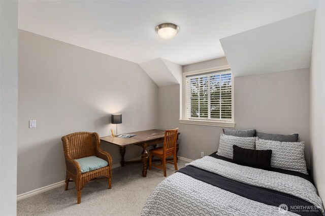 carpeted bedroom featuring baseboards and lofted ceiling