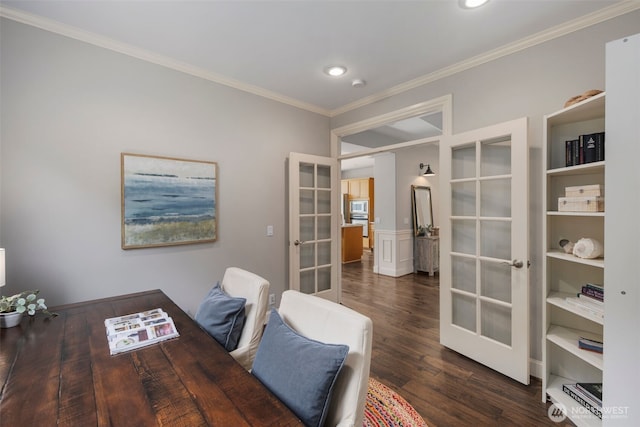 home office featuring recessed lighting, french doors, wood finished floors, and ornamental molding