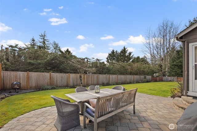 view of patio with outdoor dining area and a fenced backyard