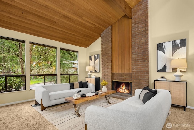 living room featuring a brick fireplace, baseboards, wood ceiling, light carpet, and high vaulted ceiling