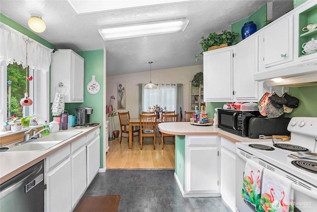 kitchen with under cabinet range hood, dishwasher, white cabinetry, white electric range, and a sink