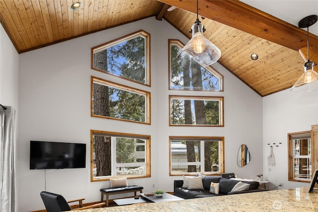 living room featuring wood ceiling and high vaulted ceiling