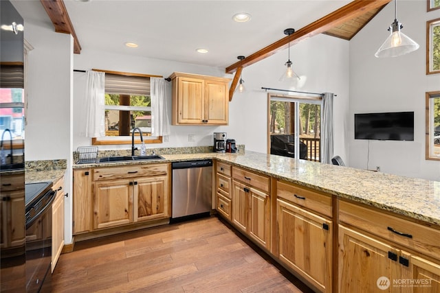 kitchen with black range with electric cooktop, light wood-type flooring, lofted ceiling, stainless steel dishwasher, and a sink