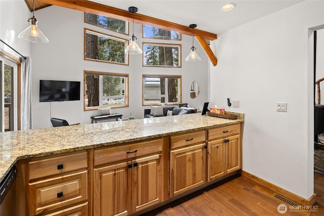 kitchen featuring light stone countertops, dark wood-type flooring, dishwasher, and hanging light fixtures