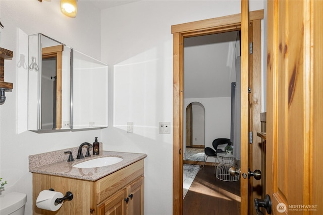 bathroom featuring vanity, toilet, and wood finished floors