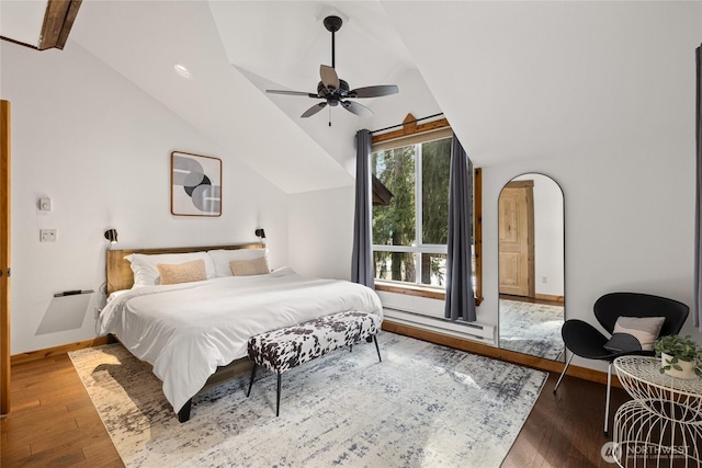 bedroom with a baseboard heating unit, baseboards, lofted ceiling with beams, wood finished floors, and arched walkways