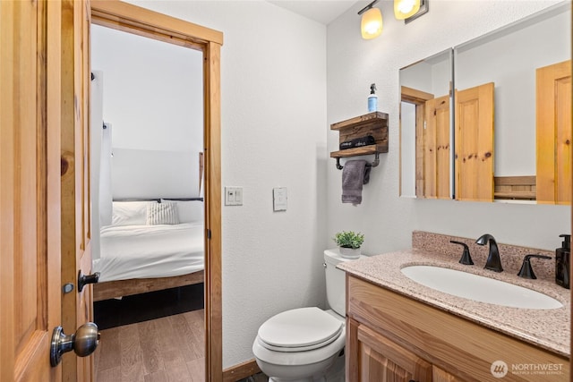 bathroom with vanity, toilet, wood finished floors, and ensuite bathroom