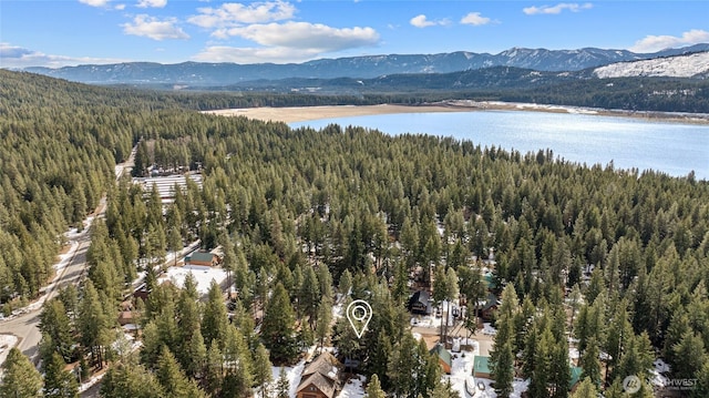 bird's eye view featuring a wooded view and a water and mountain view