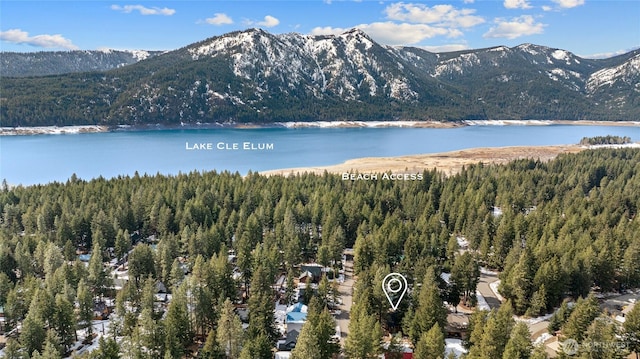 birds eye view of property featuring a water and mountain view and a view of trees