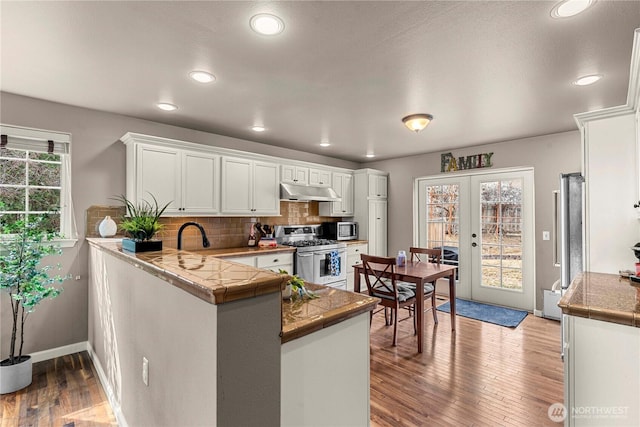 kitchen featuring white cabinetry, french doors, under cabinet range hood, and stainless steel appliances