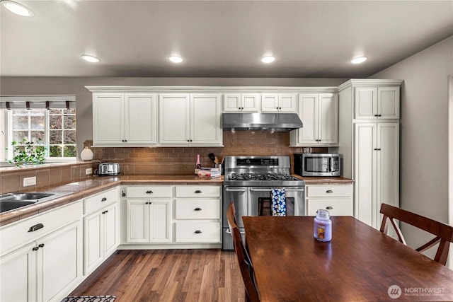 kitchen with under cabinet range hood, stainless steel appliances, tasteful backsplash, and dark wood-style flooring