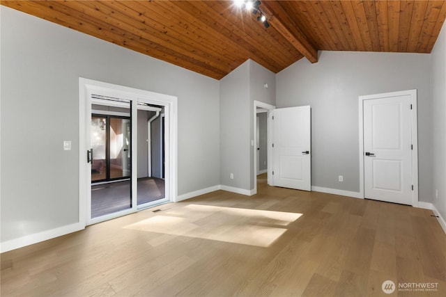 unfurnished bedroom featuring wood ceiling, wood finished floors, and vaulted ceiling with beams