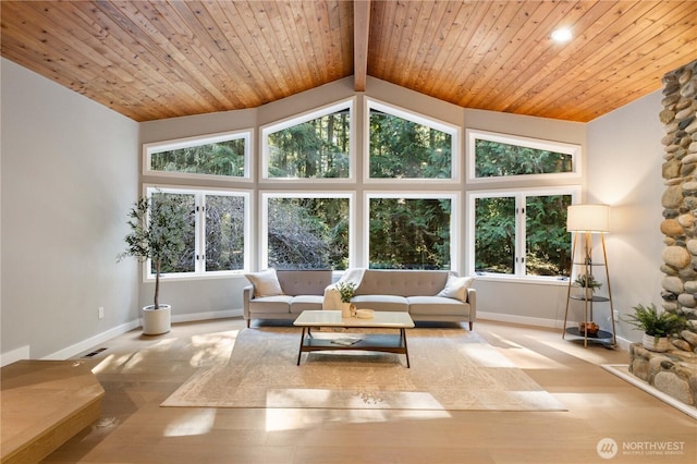 living room featuring lofted ceiling with beams, baseboards, wood finished floors, and wooden ceiling