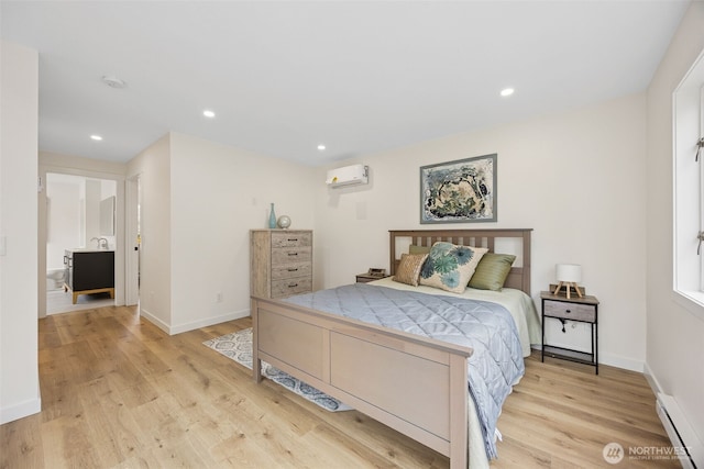 bedroom with light wood-type flooring, a wall unit AC, recessed lighting, baseboards, and baseboard heating