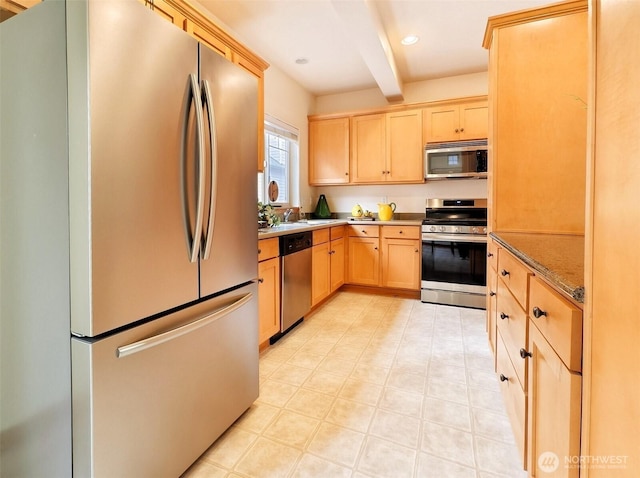 kitchen featuring beamed ceiling, light brown cabinets, a sink, recessed lighting, and appliances with stainless steel finishes