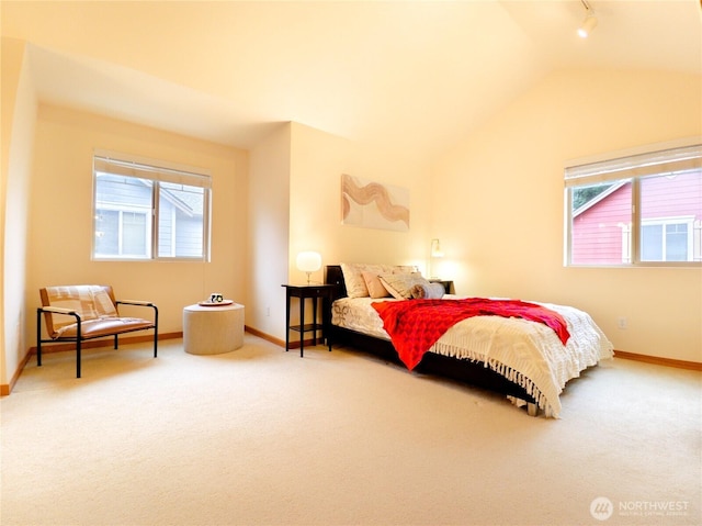 carpeted bedroom with rail lighting, lofted ceiling, multiple windows, and baseboards