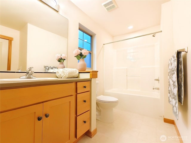 full bathroom with shower / tub combination, visible vents, toilet, and vanity