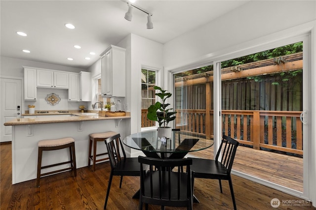 dining area featuring track lighting, recessed lighting, and dark wood-style flooring