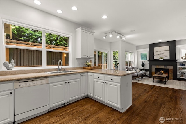 kitchen with dark wood-type flooring, a sink, open floor plan, a peninsula, and dishwasher