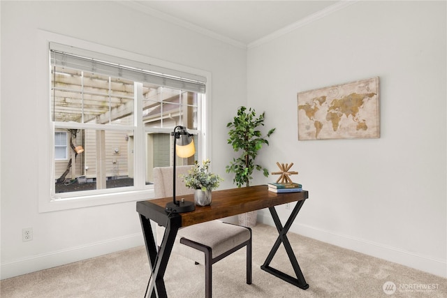 office area with crown molding, carpet, baseboards, and a wealth of natural light