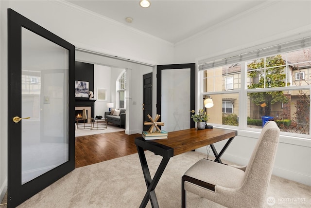 carpeted home office featuring wood finished floors, baseboards, a lit fireplace, and ornamental molding