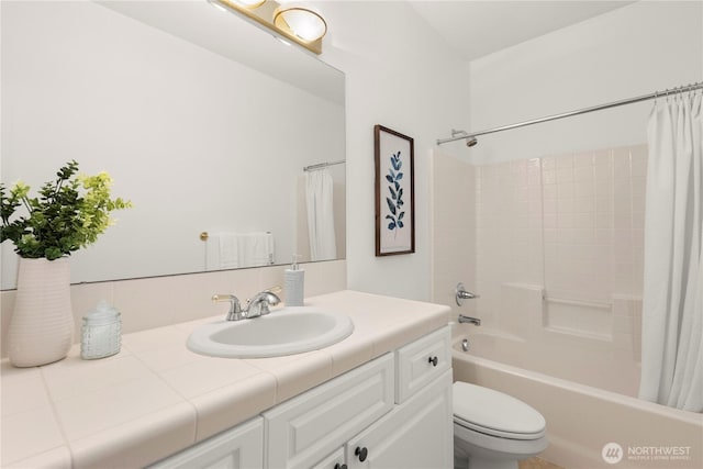 full bathroom with vanity, toilet, and shower / bathtub combination with curtain