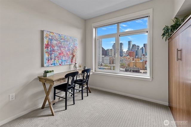 office area with a city view, baseboards, and carpet