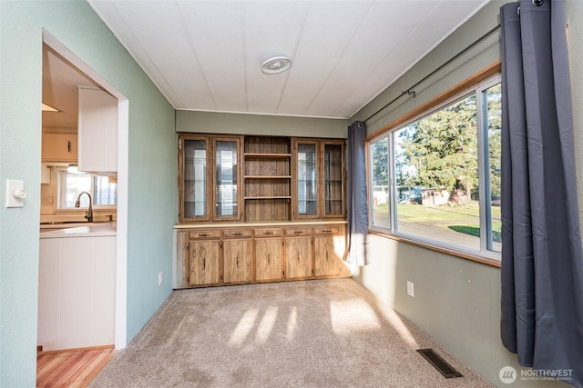 unfurnished dining area featuring a sink, visible vents, and light colored carpet