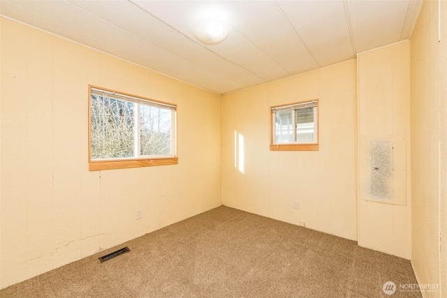 carpeted empty room featuring visible vents