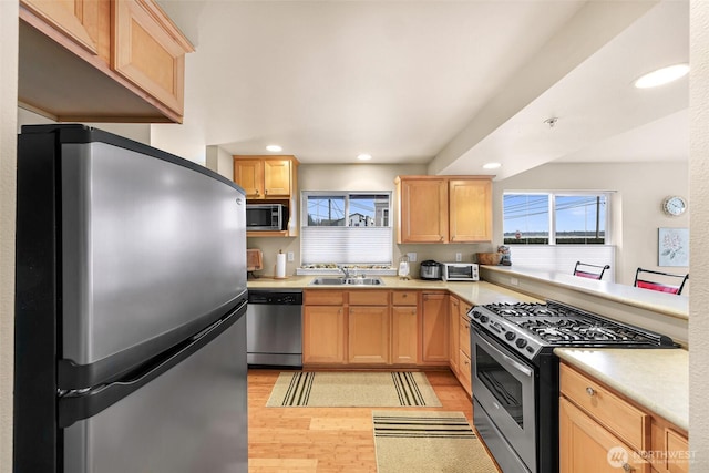 kitchen featuring a sink, a wealth of natural light, light brown cabinetry, and stainless steel appliances