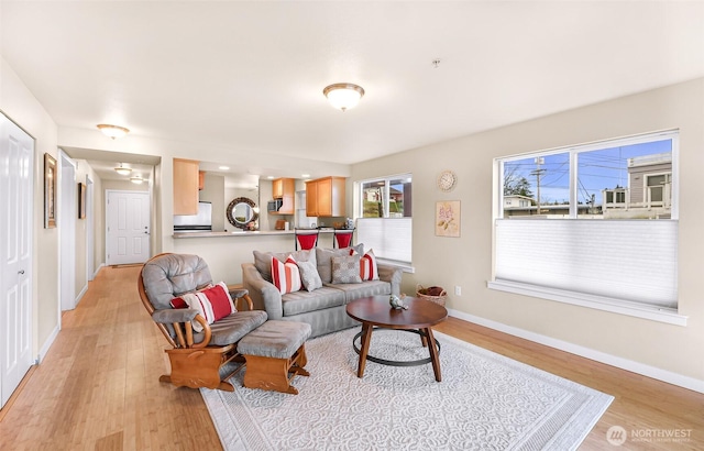 living area featuring baseboards and light wood-style floors