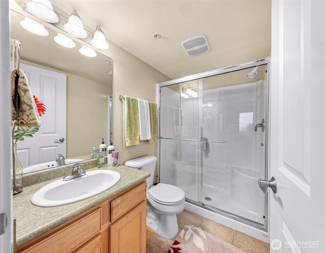 bathroom with visible vents, toilet, a stall shower, and vanity