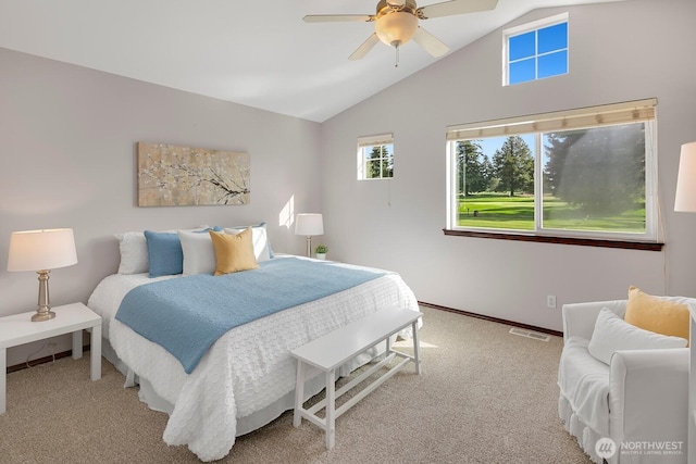 bedroom featuring visible vents, baseboards, ceiling fan, vaulted ceiling, and carpet flooring