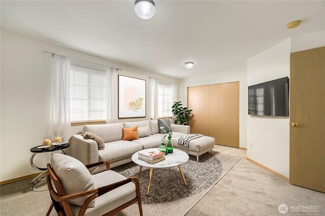 living area featuring baseboards and light carpet