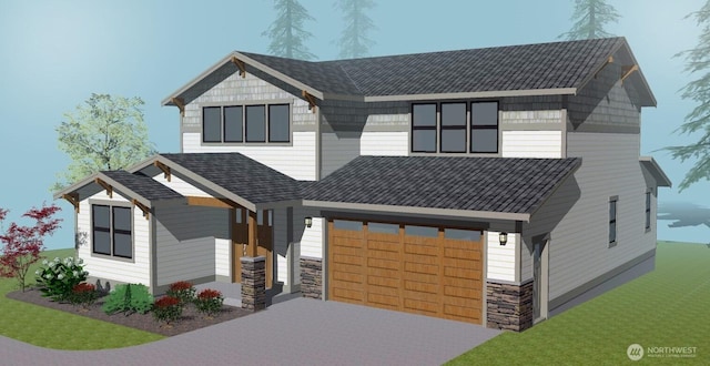 view of front of house featuring driveway, stone siding, a garage, and roof with shingles