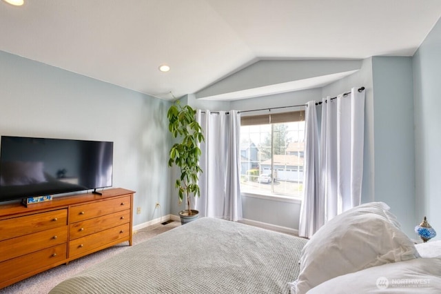 carpeted bedroom with vaulted ceiling, recessed lighting, and baseboards