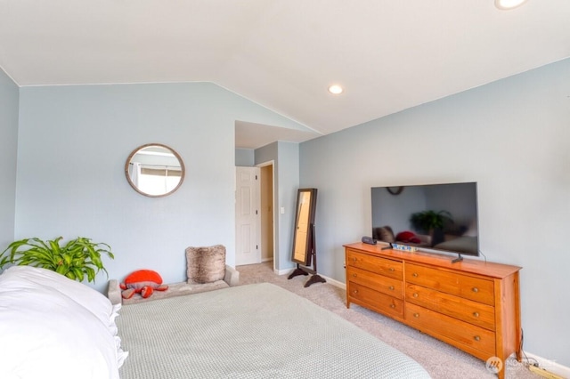 bedroom featuring light carpet, recessed lighting, baseboards, and vaulted ceiling