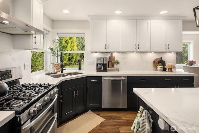 kitchen with dark cabinetry, a healthy amount of sunlight, appliances with stainless steel finishes, white cabinetry, and wall chimney exhaust hood