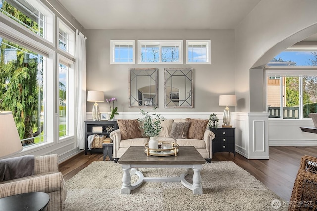 living room featuring a wealth of natural light, a wainscoted wall, and dark wood finished floors