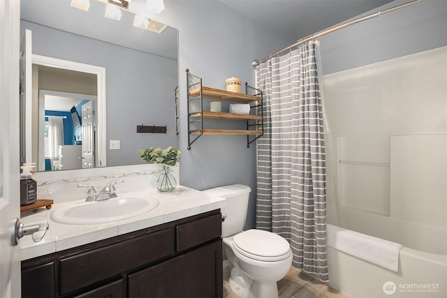 bathroom featuring vanity, toilet, and shower / bathtub combination with curtain