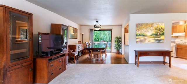 dining room featuring light carpet