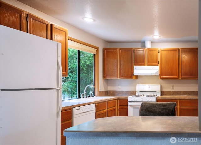 kitchen with white appliances, brown cabinetry, recessed lighting, a sink, and under cabinet range hood