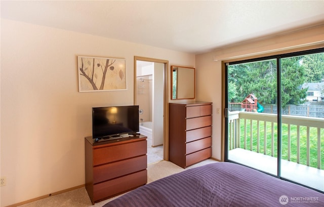 bedroom with access to outside, multiple windows, baseboards, and light carpet