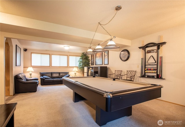 recreation room featuring baseboards, carpet, and billiards